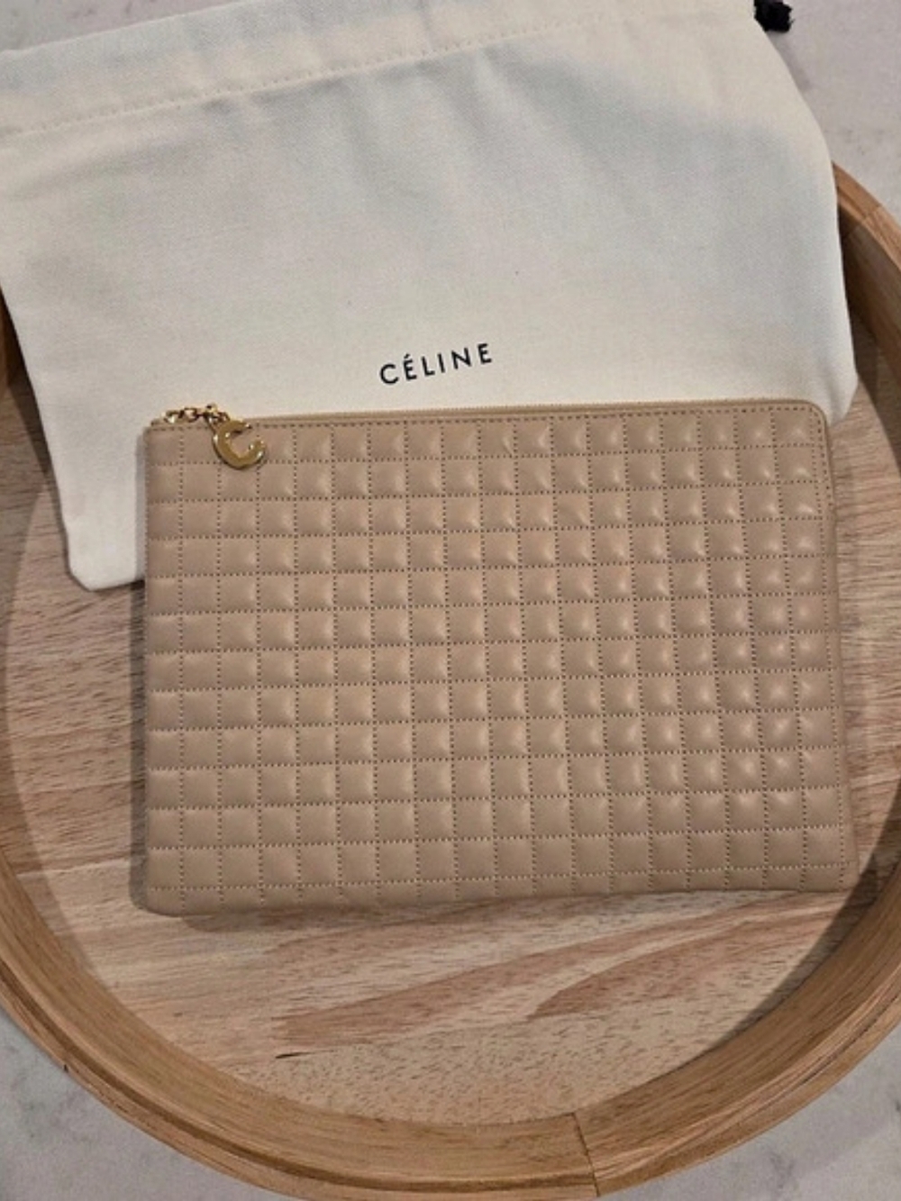 Celine C Charm Quilted Leather Pouch Nude